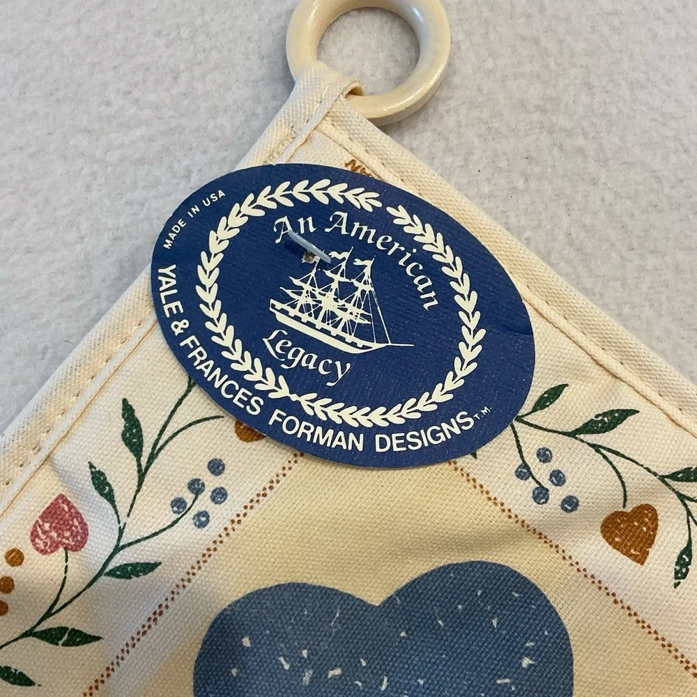 Yale & Frances Forman Designs Linen Kitchen Towel Potholder Blue Pink Hearts VTG